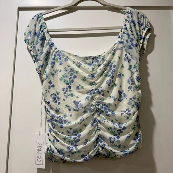 Sienna Sky Floral Ruched Blouse - White and Blue - Picture 5 of 5